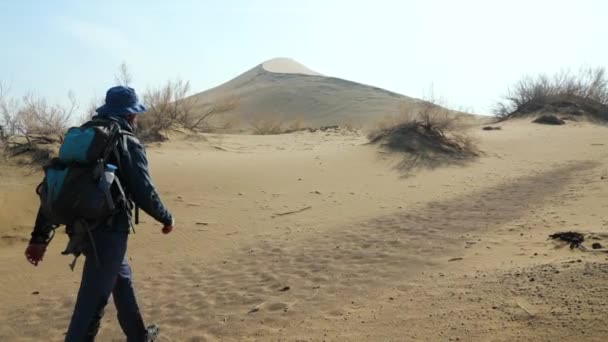一个男性游客在沙漠地区的沙丘中散步 带着帽子和背包带着胡子的旅行者 Altyn Emel国家公园 — 图库视频影像