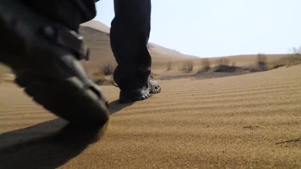 Çölde Kumulların Arasında Yürürken Bir Yürüyüşçünün Bacaklarının Yakın Çekimi Çölde — Stok video