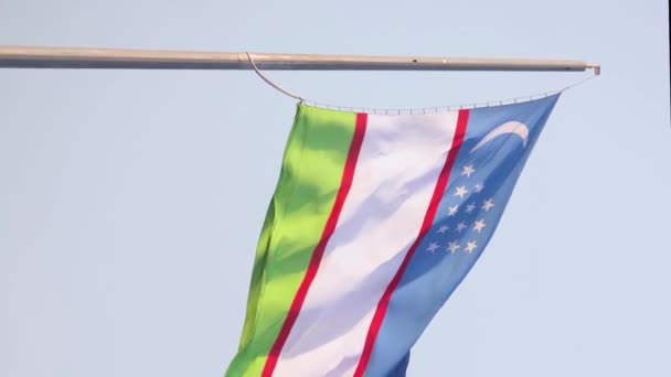 Vertikální Videozáznam Národní Vlajky Uzbekistánu Třepotá Větru Vlajka Pozadí Bezmračné — Stock video
