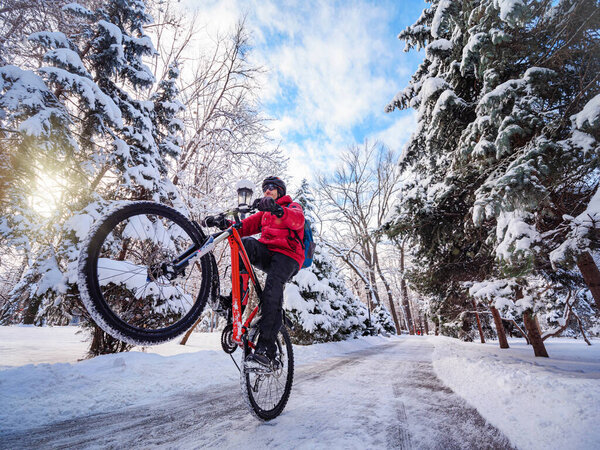 A bicyclist does a wheelie trick in winter in the park. Active lifestyle in winter. Guy in a red jacket, helmet on a red bicycle