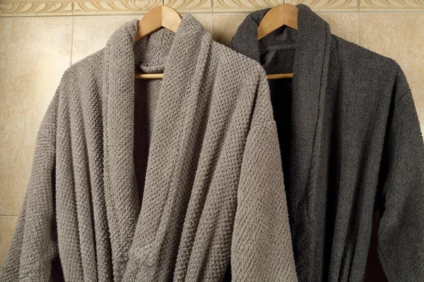 Pair Grey Bathrobes Hanging Bathroom — Stock Photo, Image