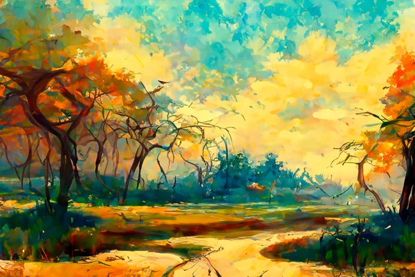 木々のある抽象的な色彩豊かな風景 — ストック写真