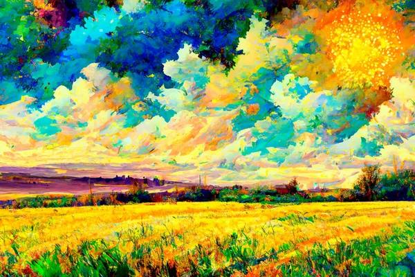 Abstract Kleurrijk Landschap Met Tarwevelden — Stockfoto