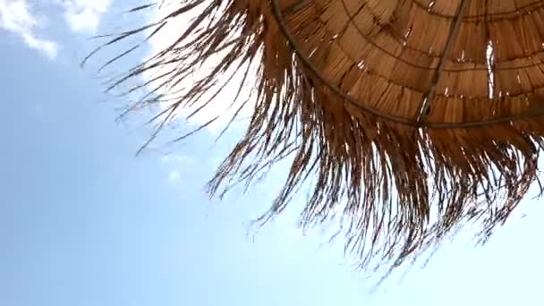 浅蓝色天空的稻草海滩伞 — 图库视频影像