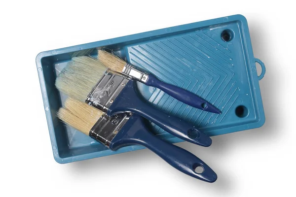Top View Tray Used Paint Brushes Isolated — Stock Photo, Image