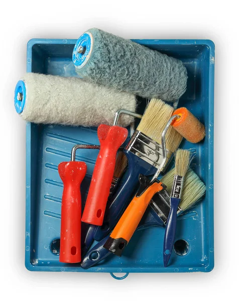 Tray Used Paint Brushes Rollers Closeup — Stock Photo, Image