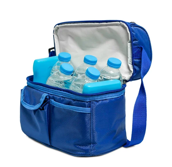 蓝色冷藏袋 装有隔离水瓶 图库图片