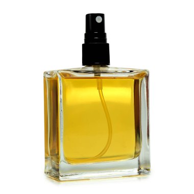 İzole edilmiş parfüm için kare cam şişe.