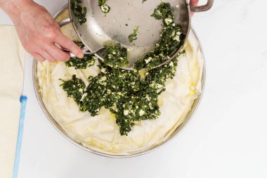 Ispanaklı turta yapan bir kadının üst görüntüsü.