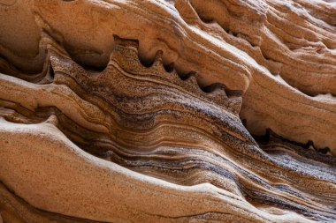 Utah, Zion Ulusal Parkı 'nın kanyon duvarlarında eşsiz desenler ve şekiller oluşturmak için zamanla aşınan antik kumtaşı tortuları..