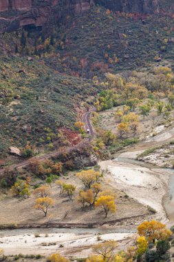 Utah, Zion Ulusal Parkı 'ndaki Virgin Nehri' nin yanındaki Zion Kanyon Yolu 'ndan geçen bir kamyonet..