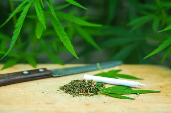 Pile Cannabis Joint Avec Planche Découper Couteau — Photo