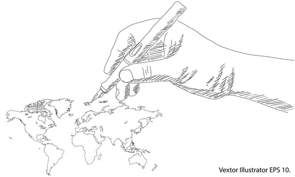Hand Writing World Map Earth Globe Vector Line Sketched Illustrator — Stock Vector