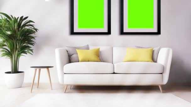 Transformeer Huiskamer Met Onze Green Vertical Frame Poster Mockup — Stockvideo