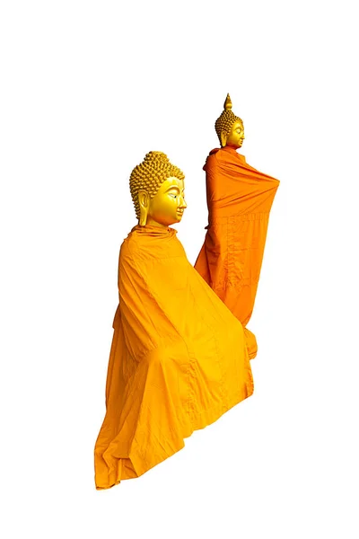 Estátua Buda Com Roupão Amarelo Isolado Fundo Branco — Fotografia de Stock