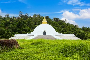 Phuket Tayland 'daki Wat Sirisrilasuparam Budizm Tapınağı' ndaki beyaz pagoda yeşil çimenli.