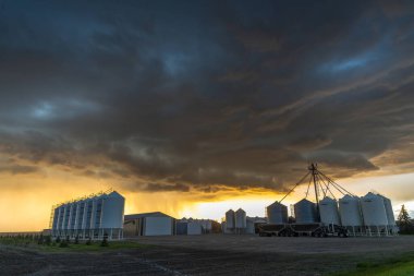 Tahıl kamyonu, kırsal bir arazide dramatik, fırtınalı bir günbatımı gökyüzünün altındaki silolara boşalıyor.