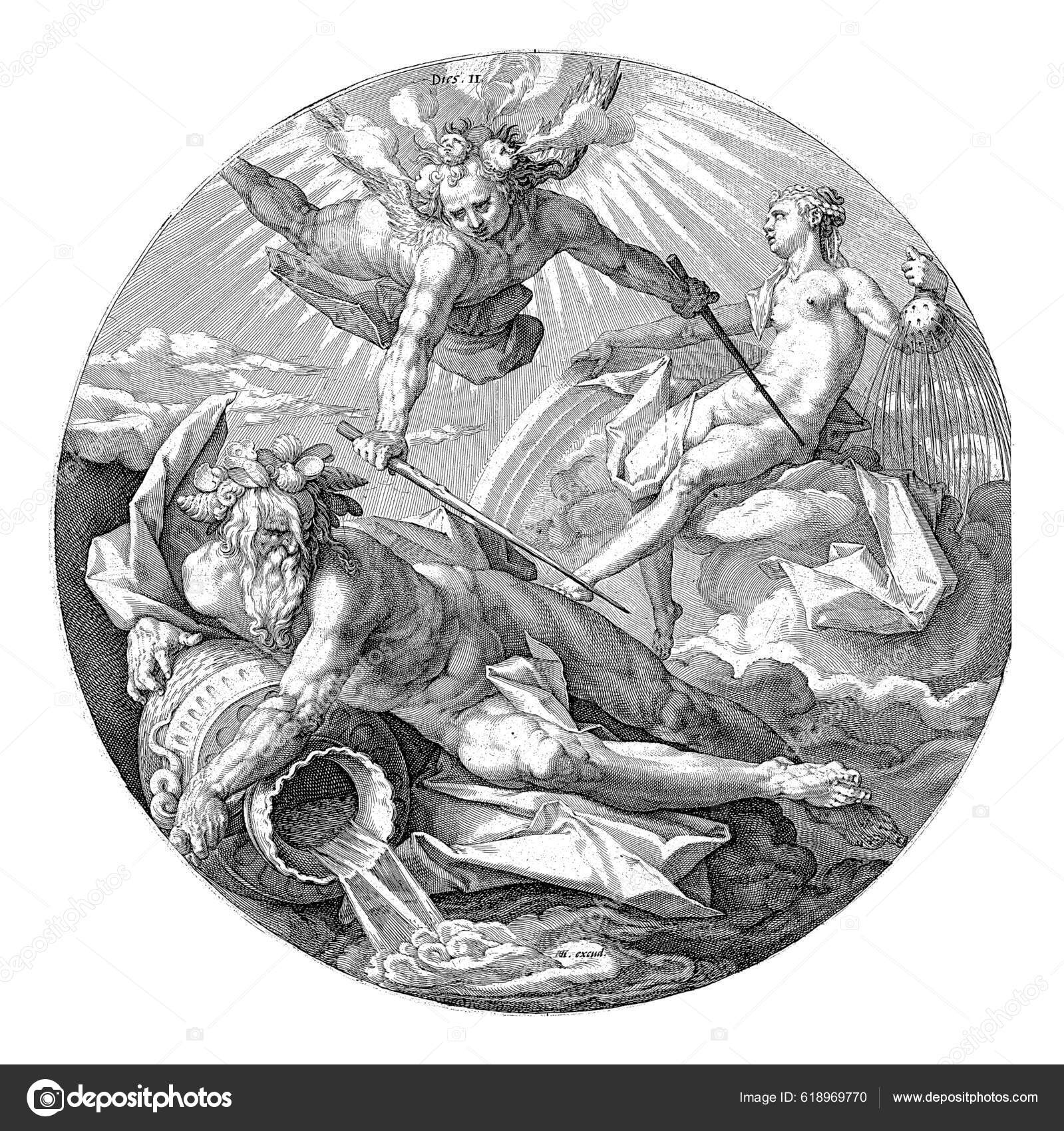 Segundo Día Creación Ángel Sobre Cabeza Los Cuatro Vientos Separa — Foto de  stock #618969770 © Morphart, image size:1599x1700