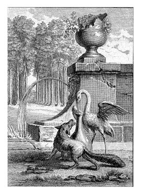 Leylek ve fıskiyeli tilki manzarası. Leylek gagasını bir vazoya koyar. Fable XVIII Le Renard et la Cicogne.