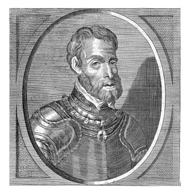 Zırhlı ve boynunda Altın Post Nişanı işareti olan Habsburg 'lu V. Charles' ın solunda..