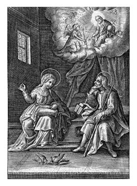 Meryem Yusuf 'a Annunciation' dan, Theodoor Galle 'den (muhtemelen), 1581 - 1633 Mary' nin bir bankta oturup nakış işlediğinden bahseder. Kocası Joseph 'e Tanrı' nın bir meleği tarafından ziyaret edildiğini söyler..
