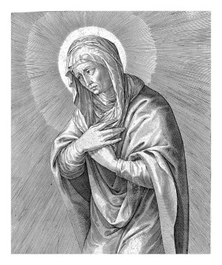 Kederli Mary, kollarını göğsünün önünde kavuşturdu. Luc 'tan İncil' den bir alıntı. 1 Latince.