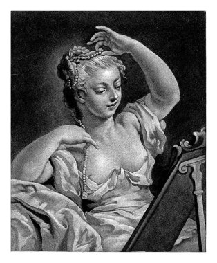 Yüzü. Bir kadın aynaya bakar ve saçlarını inci kolyeyle süsler. Parmak izi, beş duyusu olan bir serinin parçası..