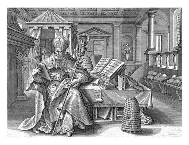Kilisenin Papazı Ambrosius, Maerten de Vos 'tan sonra Antonie Wierix (II), 1585 St. Ambrosius çalışma odasında kitaplarla dolu bir masada oturuyor. Piskopos pelerinini giyiyor..