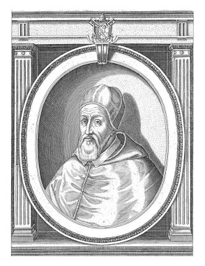 Papa 14. Gregory 'nin kafasında bir camauro ile papalık cübbesi giymiş portresi. Sola doğru oval bir çerçeve ve kenarlarda harfler var..