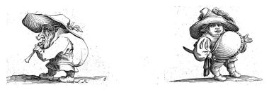 Flütlü Cüce (flageolet); Kılıçlı Cüce, göbeğinde bir sıra düğme, Jacques Callot, 1621 - 1676 Sol: Cüce, soldan görüldü, kambur sırtlı, belli bir flüt çalıyordu.