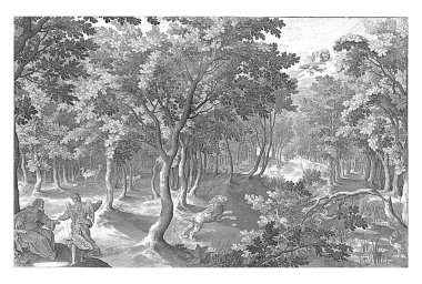 Ezra 'nın beşinci görüntüsü. Bir ormanda, bir aslan kükreyerek cennete gider. Orada yanan üç başlı bir kartal kendini yer. Sol ön planda, bir melek Peygamber Ezra (2 Ezra) vizyonunu açıklar.).