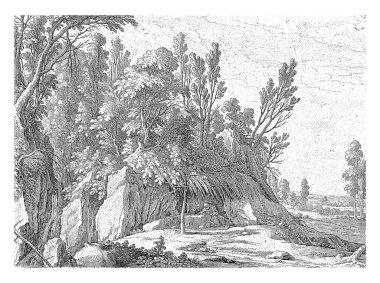 Kayalık bir arazide, bir münzevi bir mağaranın önündeki sazdan çatı altında oturur. O bir kitap okur. Parmak izi yedi manzaradan oluşan bir serinin parçası..