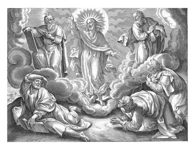 İsa, ilahi varlığını Peter, Büyük James ve John 'a gösteriyor. Etrafı cennet ışınlarıyla çevrili. Musa ve Elijah onun yanında belirir..