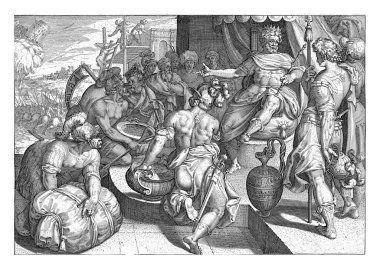 Birkaç kişi hazinelerini tahtına oturan krala götürüyor..