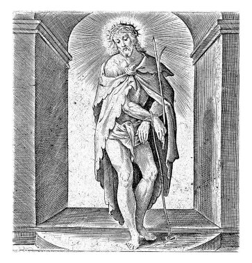 Hz. İsa bir Keder Adamı olarak, Hieronymus Wierix, 1593 Kuytu bir yerde İsa, başında dikenli bir taç olan kederli bir adam olarak duruyor..