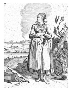 Edam 'dan ayakta duran genç bir kadın, cepheden görüldü. - Hayır. Geleneksel Kuzey Hollanda kostümlü sekiz genç kadından oluşan bir seri. Latince iki satırlık başlık.