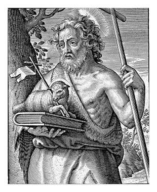 Vaftizci Yahya, Antonie Wierix (II.), 1565 - 1604 'ten önce Vaftizci Yahya bir ağacın yanında. Bir elinde haç asası, diğer elinde de üstünde kuzu olan İncil var..