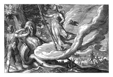 Minerva, Cadmus 'a öldürdüğü ejderhanın dişlerini dikmesini söyler. Bunu yapar ve silahlı adamlar topraktan çıkar..