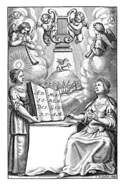 Melekler müzik enstrümanları çalarken kadın ilham perilerinden ilham alıyor ve yazıyor..