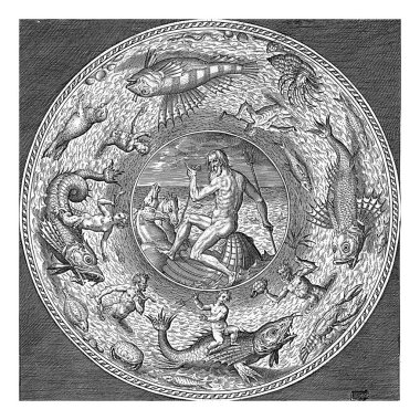 Neputunus, Adriaen Collaert 'li fincan tabağı, 1580 - 1600 Neptün at kabuğu üzerinde. Kenarında balık ve deniz kabukları olan boynuz üfleyen Nereidler ve tritonlar var..