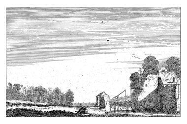 Manzarada ahşap köprüsü olan bir evin yıkıntısı, Jan van de Velde (II), 1616, manzarada ahşap köprüsü olan bir evin harabesi. Yirminci baskı..