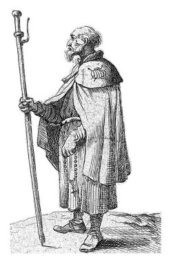 Sol elinde tespih, sağ elinde değnek olan bir hacı. Kabuğunda deniz tarağı kabuğu var..