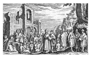 Soldaki Vaftizci Yahya bir harabenin önünde. Omzuna bir haç dayanıyor. Seyirciler onun karşısında oturuyordu..