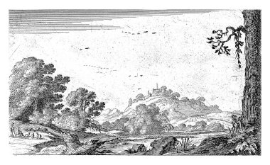 Nehirli tepe manzarası. Rıhtımdaki bazı figürler. Parmak izi, on iki manzaradan oluşan bir serinin parçası..