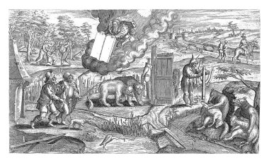 Kör Çobanlar, Antonie Wierix (II), Marten van Cleve 'den (I) sonra, Willem van Haecht' ten (I) sonra, 1579 Manzarası 'nda alegorik figürler ve görsel elementler bir rebus oluştururlar..