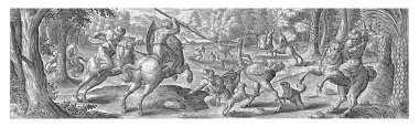 Atlılar devekuşlarını mızraklar ve köpeklerle avlarlar. Baskının bir Latince başlığı var ve 54 baskıdan oluşan bir serinin parçası..