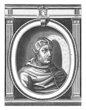 Papa X. Leo 'nun portresi papalık cübbesi giymiş, kafası camauro kaplı. Köşeli harflerle oval çerçevede sağa kır..