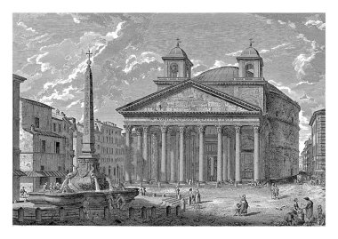 Pantheon ve Fontana del Pantheon ile Roma 'daki Piazza della Rotonda manzarası. İtalyanca ve Fransızca 'da alt boşlukta başlık.