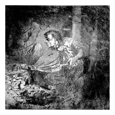 Bellows ile demirci, Charles Emile Jacque (atfedilen), 1848, vintage, gravür.