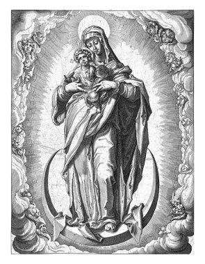 Yakup de Gheyn 'den (atölye çalışması) sonra, 1593 - 1597 Mary bulutlardan oluşan bir çelenk içinde hilal ay üzerinde duruyordu..